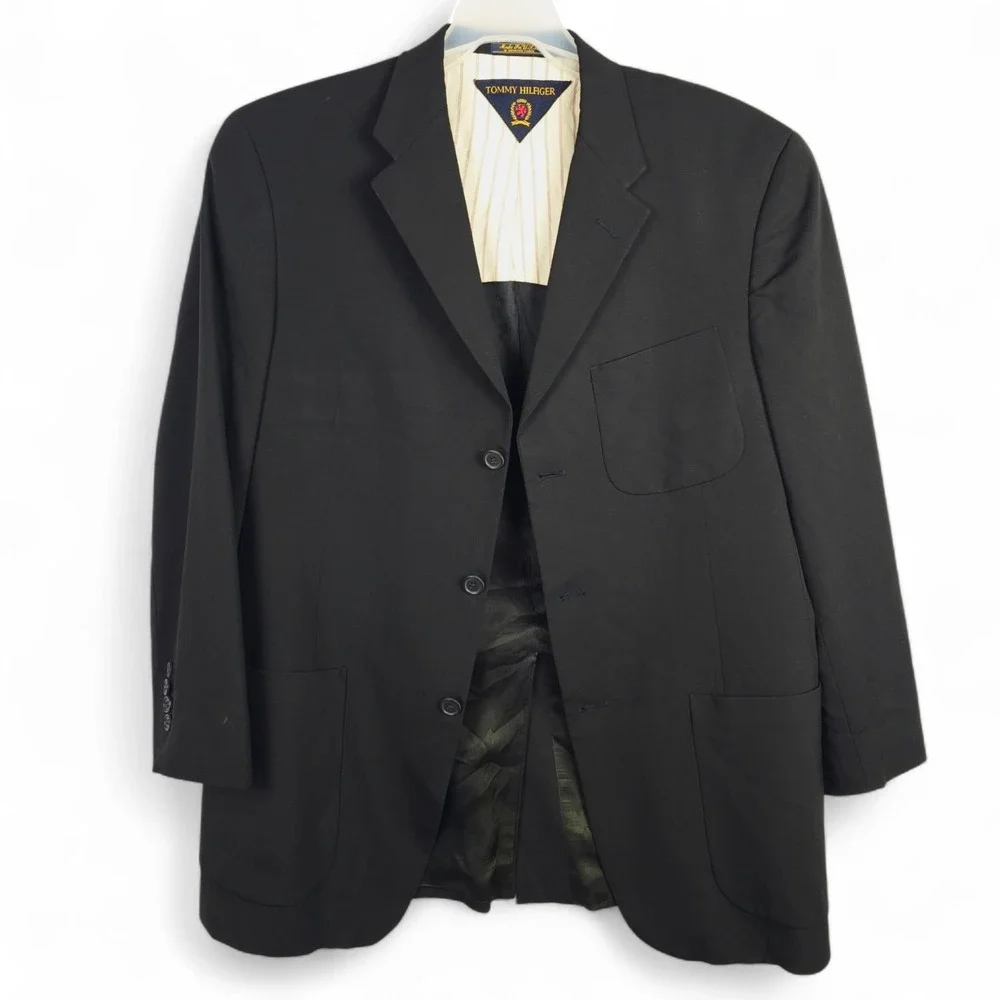 VTG Tommy Hilfiger Dillard's Blazer 42R Black Wool Lycra 3-Button Patch Pockets
